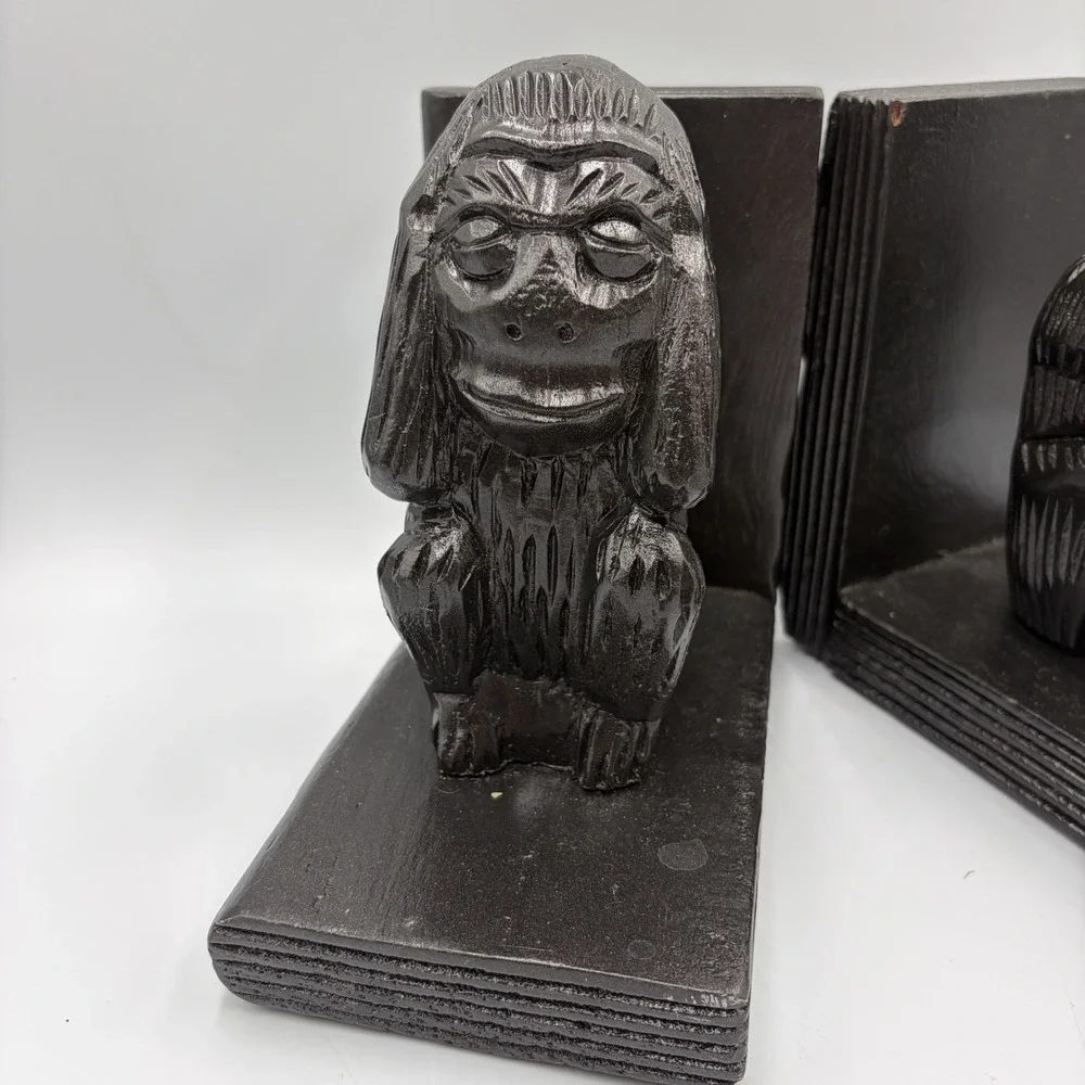 VTG Decorative See No Evil Hear No Evil Monkey Bookend Pair Carved ‎ Rustic MCM